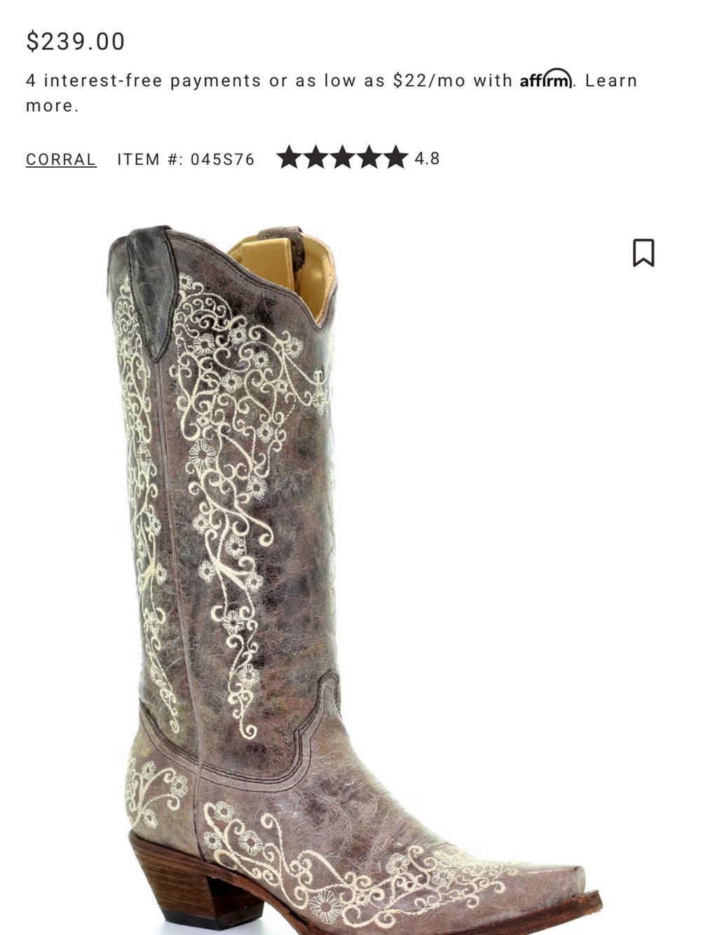 Corral Crater Bone Boots Size 10